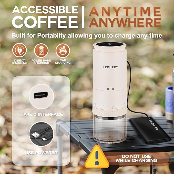 LEBURRY Burr Coffee Grinder - Portable Espresso Grinder with Stainless Steel Conical Mill for Travel, Camping - Cordless/Rechargeable Electric Coffee Bean Grinders with 38 Adjustable Grind Settings