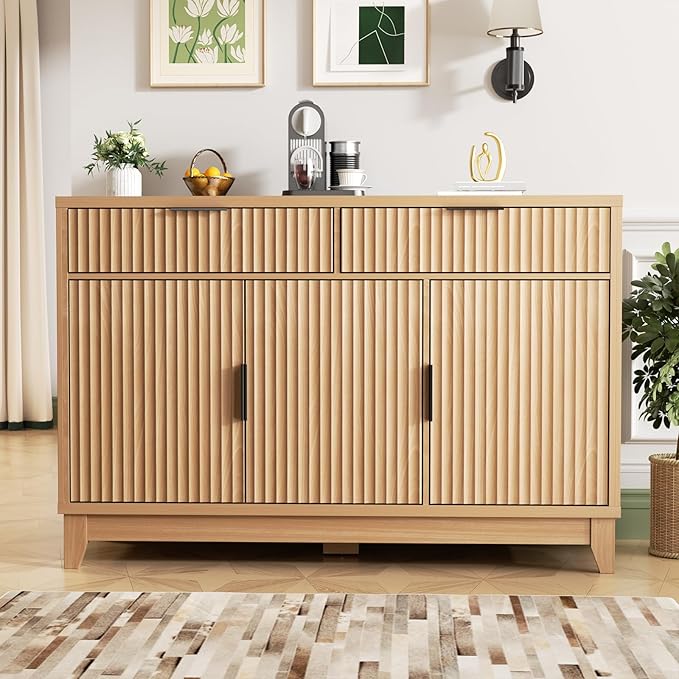 Vabches Modern Sideboard Buffet Cabinet with Storage, Long Credenza Storage Cabinet with Drawer, Fluted Doors & Adjustable Shelf, Wood Buffet Table for Living Room, Kitchen Dining Room, Entryway, Oak