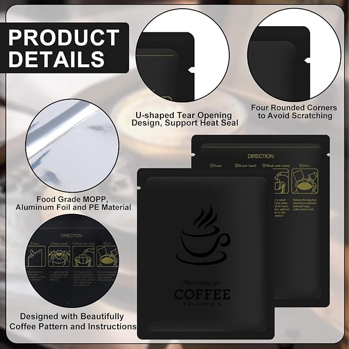 100 PCS Drip Coffee Bag with Coffee Filter Paper Bag (100 PCS) Black Aluminum Foil Hanging Ear Coffee Beans Storage Packaging Bags, Portable Heat Seal Drip Coffee Pouches for Travel, Camping, Home