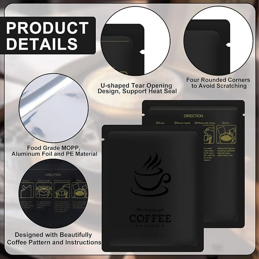 100 PCS Drip Coffee Bag with Coffee Filter Paper Bag (100 PCS) Black Aluminum Foil Hanging Ear Coffee Beans Storage Packaging Bags, Portable Heat Seal Drip Coffee Pouches for Travel, Camping, Home