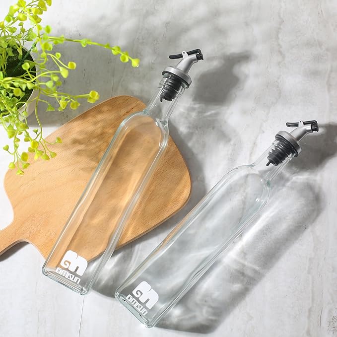 GMISUN Olive Oil and Vinegar Dispenser Bottle Set, 2 Pack Oil and Vinegar Dispenser Bottle, 17oz Kitchen Oil Dispenser, Glass Cooking Oil Dispenser, Clear Glass Bottles for Oil with Funnel and Labels