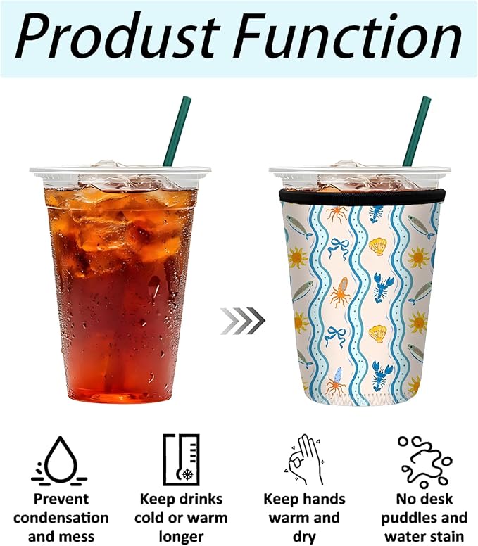 Neoprene Iced Coffee Sleeve 3 Pack, Reusable Insulated Cup Holder with Cute Ocean Pattern, Fits 16–32 oz Tumblers, Compatible with Starbucks & Dunkin, Drink Sleeves for Iced Coffee