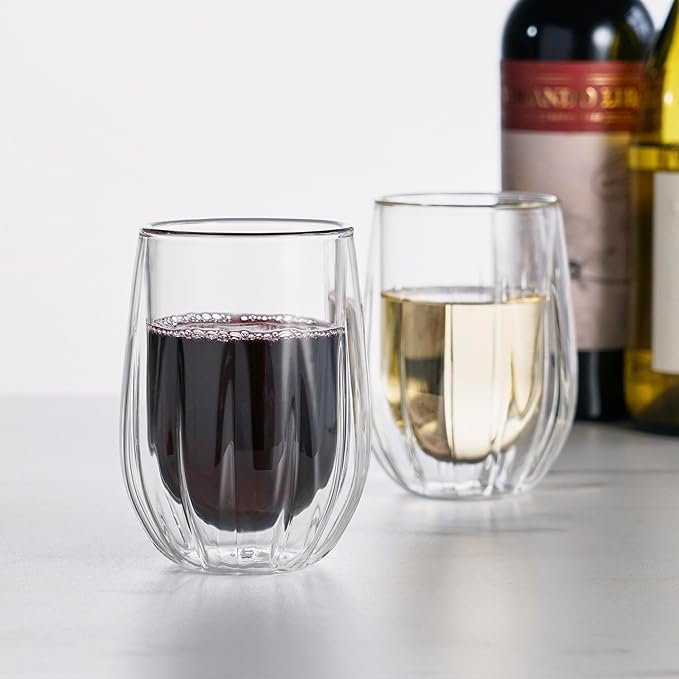 Viski Insulated Double Walled Stemless Wine Glasses, Drinking Glass with Cut Crystal Design, Home Bar Accessories, Glassware, 13 oz, Set of 2, Clear