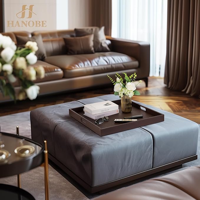 Hanobe Large Ottoman Serving Tray: Faux Leather Coffee Table Trays with Handles 22 Inch Square Extra Big Oversized Aesthetic Modern Brown Ottoman Topper for Living Room Parties Home