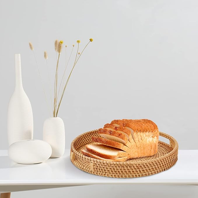 Round Rattan Serving Tray with Handles, Hand Woven Basket, Home Decor Organizer Tray for Breakfast, Tea, Snack, Fruit, Coffee,Storage (Large)(14.17inchX2.3inch)