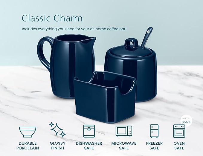 KooK Sugar and Creamer Set, 3 Piece, Pitcher, Sugar Bowl with Lid and Spoon, Sweetener Holder (Navy)