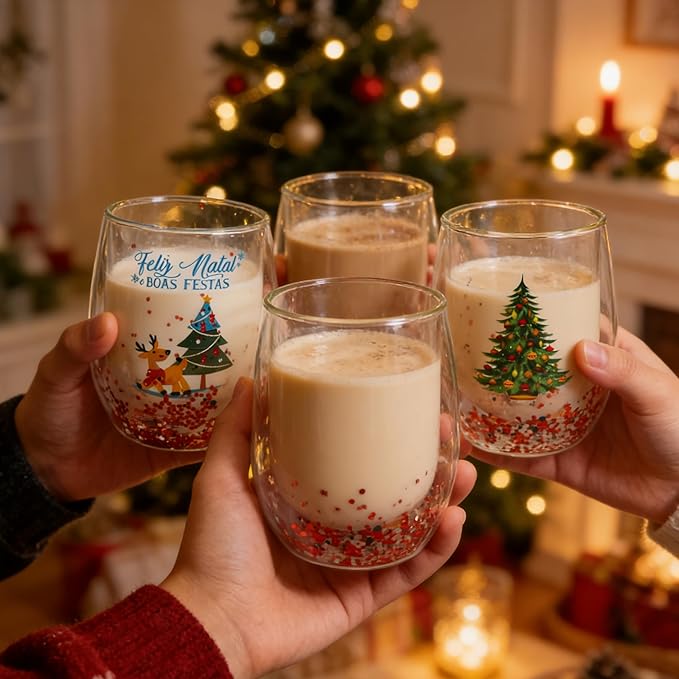Christmas Mugs, 8 oz Double Wall Insulated Glass Coffee Mugs Set of 2, Cute Funny Mugs Coffee Cups for Cappuccino, Latte, Americano, Tea, Wine and Beverage