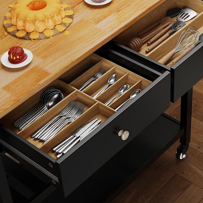 Gizoon Kitchen Island Cart with Storage, 40’’ Wooden Top, 2 Tiers Spacious Shelves and Towel Bar, 2 Drawer Mobile Trolley Cart On Metal Wheels with Hooks for Dining Room, Bar, Outdoor, Black