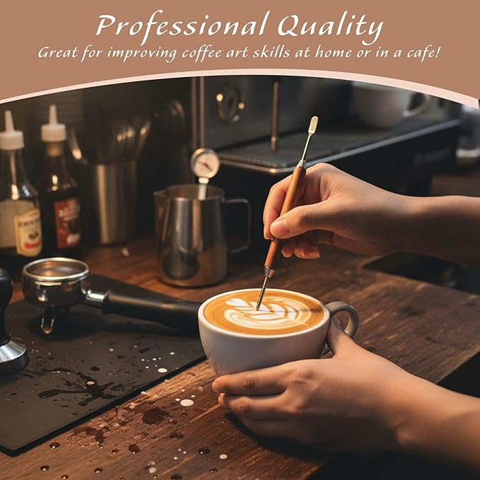 2PCS Latte Art Pen Set Coffee Drawing Tool with Wood Handle Latte Art Pen with Coffee ArtStencils Double-Ended Barista Accessories for CoffeeBar Creating Professional Espresso Tools Home Cafe