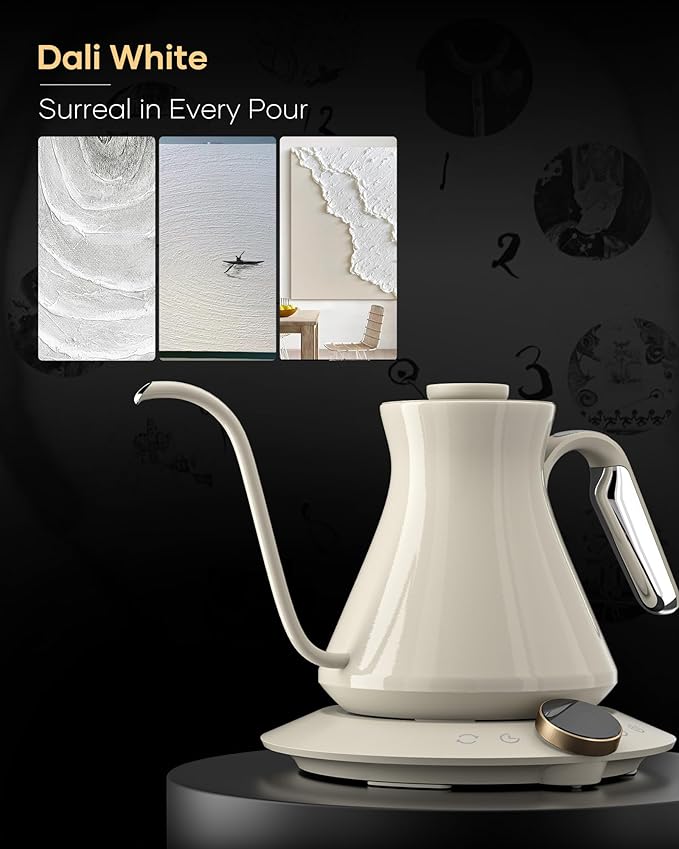 Cocinare Master Collection Dali White Gooseneck Electric Kettle, ±0.5℉ Precise Temperature Control for Pour-Over Coffee & Tea, Quick Heating 1500W, Stainless Steel Interior, 0.9L