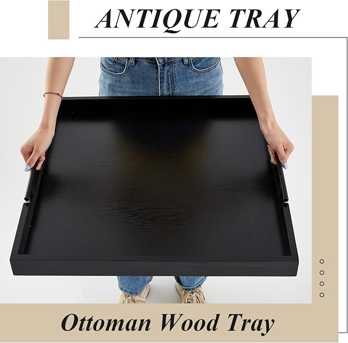 Large Square Ottoman Tray 24 x 24 x 2 Inch Wood Serving Tray with 4 Coasters and Metal Handles for Food Coffee Tea Table Sofa Living Room Home Housewarming Gift(Black)