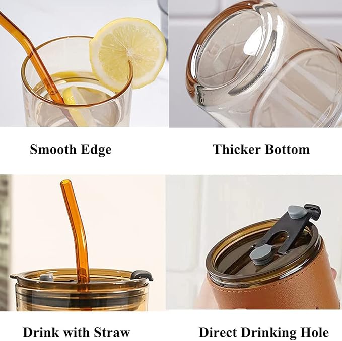 13 oz Tumbler Water Glass, Water Bottle with Straw and Dustproof Lid, Coffee Ice Cup Double Wall Insulated Glass Cup (Amber-4pack)