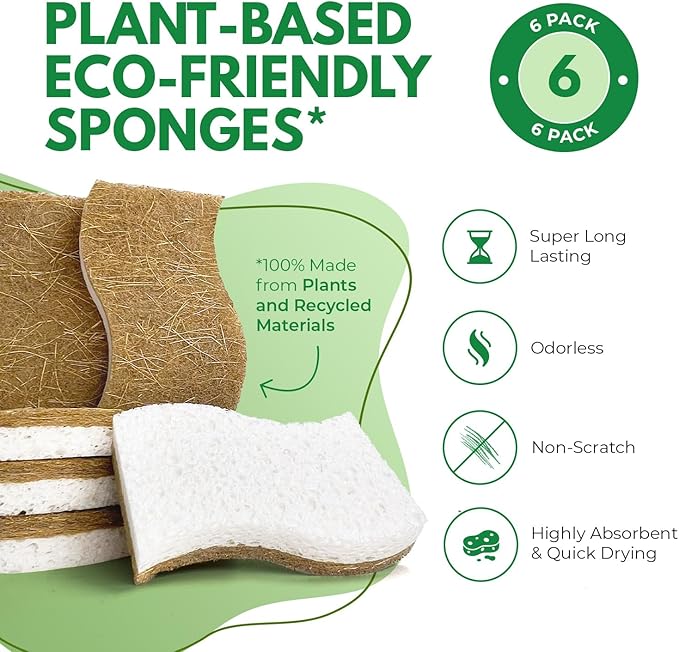 AIRNEX Biodegradable Natural Kitchen Sponge - Compostable Cellulose and Coconut Walnut Scrubber Sponge (6 Pack)