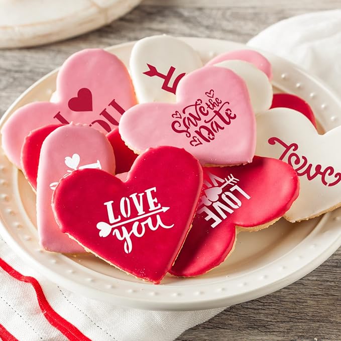30 Pcs Valentine's Day Cake Stencil Templates Decoration Valentine Plastic Cookie Decorating Stencils Reusable Coffee Stencils Baking Painting Mold Tools for Valentine's Day Baking DIY Decor Mold