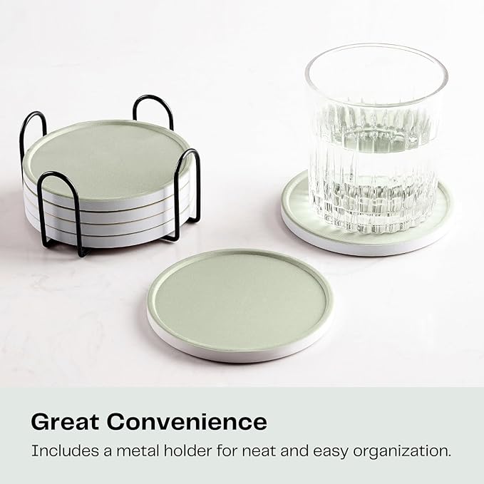 Set of 6 Sage Green Coasters with Holder, Absorbent Ceramic Drink Coasters with Cork Backing for Table Protection, Table Decor, Housewarming Gifts
