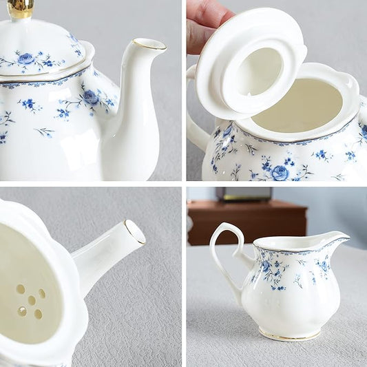 fanquare 15 Piece Blue Rose Porcelain Tea Set, British Floral Teapot with Tea Cups, Women Tea Party Set for 6
