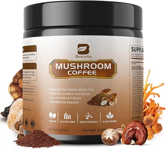 Mushroom Coffee Powder with MCT Oil - 10 Mushrooms Lion's Mane, Turkey Tail, Reishi, Cordyceps & Chaga - Arabica Instant Mushroom Coffee for Focus, Immune, Gut & Brain Health | Vegan, Keto