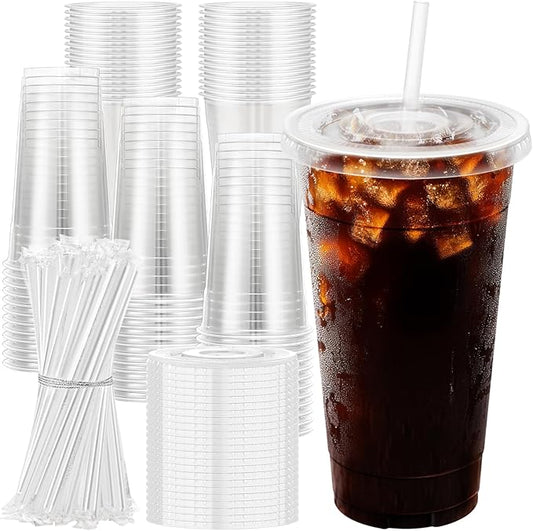 Clawsoff 24 oz 100 Pack Plastic Cups with Lids and Straws, Sturdy Food Safe Iced Clear Coffee Cups Disposable Smoothie Cups for Cold Drinks