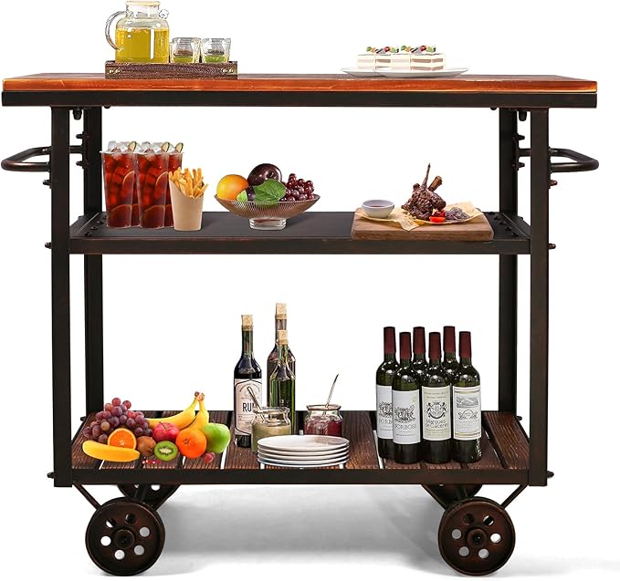 Topower Industrial Bar Cart, Serving Cart with Wheels and Handle, 3-Tier Beverage Metal Cart with Removable Tray and Storage Shelves for Living Room Kitchen, Rustic Copper
