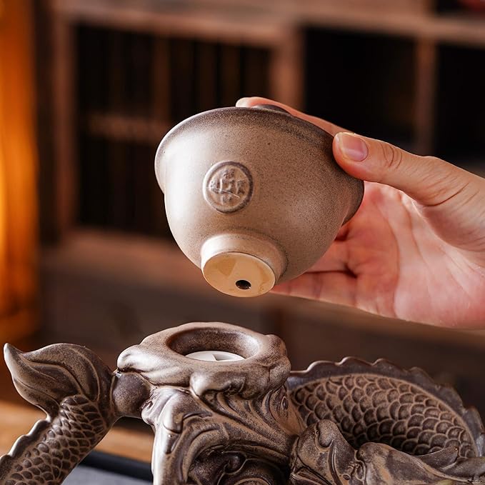 Semi Automatic Tea Set Ceramic Teapot with Infuser Magic Teapot with 8 cups (Retro Dragon-D)