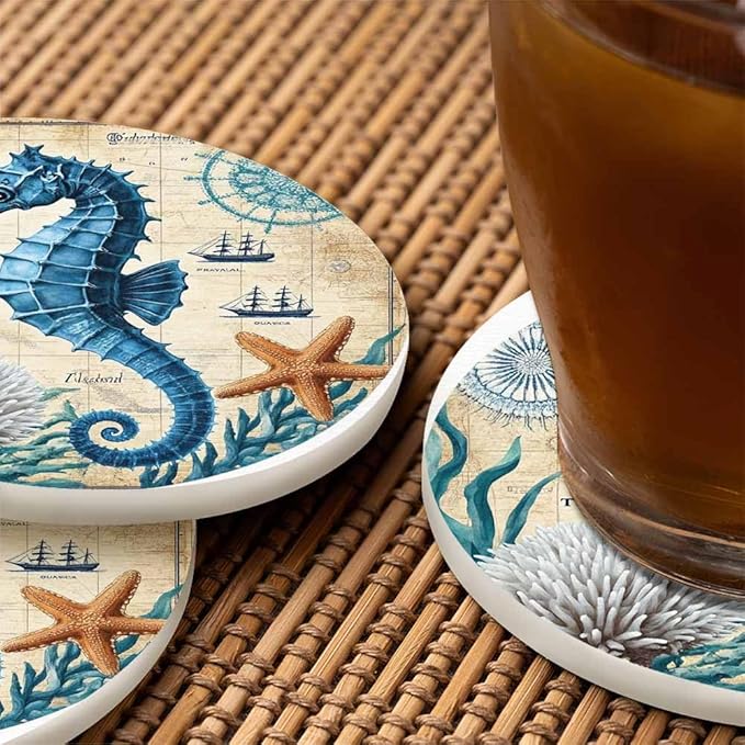 Blue Seahorse Anti Slip Coasters Ocean Wildlife Sea Animals Adventure Aquatic Rose Nautical Map Cups Place Mats for Table Home Decor 4 Inches Living Room Kitchen Coffee Table,2 Pcs