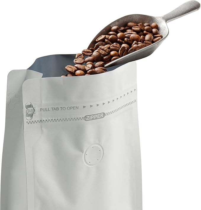 High Barrier Aluminium Foil Liner White Kraft Paper Coffee Bags, Flat Bottom Coffee Pouches with Degassing Valve, Food Storage Bags with Rsealable Zipper & Easy Open Tape (50pcs, 16oz/1lb)