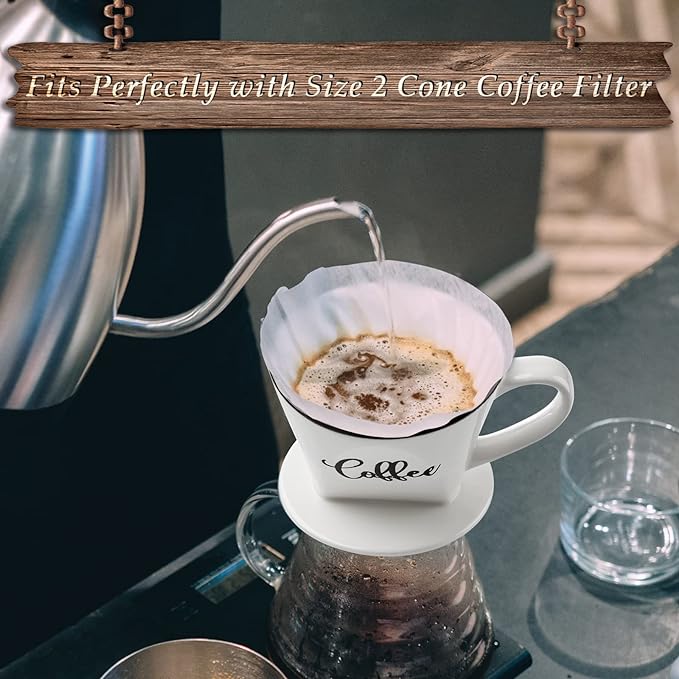 Pour Over Coffee Maker, Ceramic Coffee Dripper, Easy Manual Slow Brewing Accessories for Home, Cafe, Coffee Bar Accessories and Kitchen Decor, Filter Size 2, White