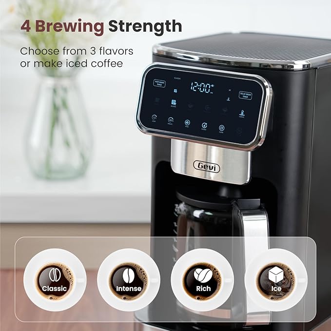 Gevi 12-Cup Programmable Coffee Maker with Touchscreen, Strong Brew & Iced Coffee Options, Auto Shut-Off, 4-Hour Keep Warm, Glass Carafe, Anti-Drip System, Permanent Filter Included