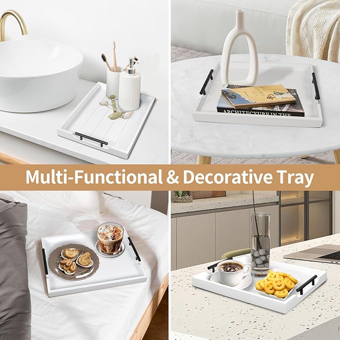 Coffee Table Tray - Large Ottoman Tray for Living Room - Wood Serving Tray with 2 Sets of Handles - Wooden Tray for Coffee Table, 4 Round Coasters Included, White