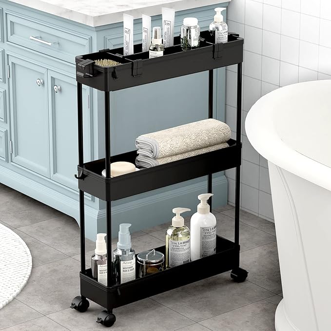 SPACELEAD Slim Storage Cart 3 Tier,Bathroom Organizer Rolling Utility,Mobile Shelving Unit Slide Out for Office, Kitchen, Laundry Room & Narrow Places,Black