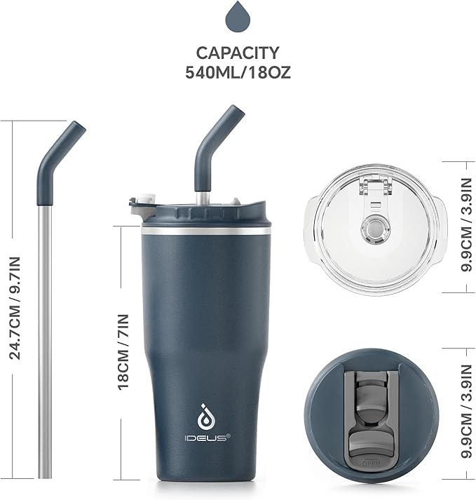 Ideus Insulated Tumbler with Lid and Straw 18 oz, Stainless Steel Double-Wall Vacuum Leak-Proof Travel Coffee Mug, Cup Holder Friendly, Navy Blue