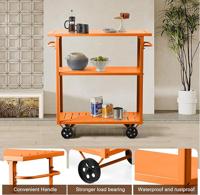 Modern Mobile Serving Cart Industrial 3 Tier Rolling Kitchen Island Rustic Metal Bar Cart for Outdoor& Indoor Utility Cart for Office with 2 Side Handle (39.4 * 15.7 * 41.3inch L*W*H)