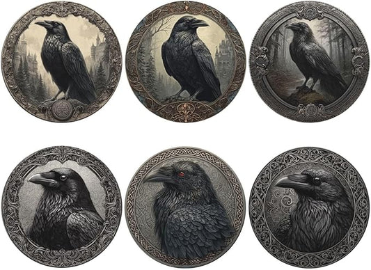 Raven Coasters for Drinks with Holder Round Leather Coasters Set of 6 Cups Mugs Mat Pad for Home Kitchen Bar