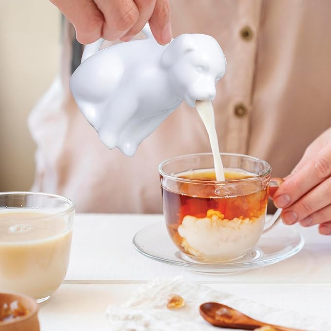 HIC Kitchen Mini Dog Creamer With Handle, Fine Porcelain, 2-Ounce, For Serving Milk, Cream, Syrup, Dressings, And Sauces, Set of 2