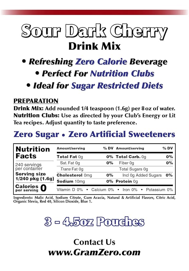 GramZero Sour Dark Cherry Zero Calorie Sugar Free Drink Mix, Great For Nutrition Club Loaded Tea, Stevia Sweetened