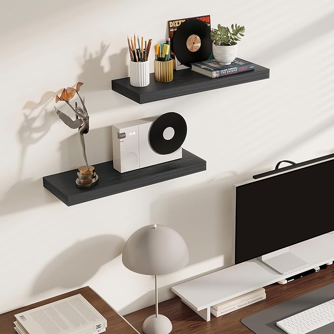 Fun Memories Rustic Floating Shelves for Home Decor, 8 Inch Deep Floating Shelf, Solid Wood Floating Wall Shelves 24 Inch Long, Deep Wall Shelves for Bathroom, Living Room, Black Finsh, Set of 2