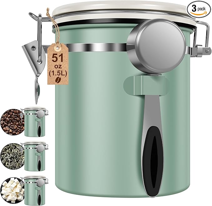 3PCS Coffee Storage Canister 1.5L 51OZ Double Airtight Coffee Beans Container with Date Locator 304 Stainless Steel Kitchen Food Storage Container with Spoon For Coffee Beans Grounds Tea Sugar
