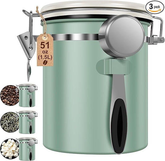 3PCS Coffee Storage Canister 1.5L 51OZ Double Airtight Coffee Beans Container with Date Locator 304 Stainless Steel Kitchen Food Storage Container with Spoon For Coffee Beans Grounds Tea Sugar