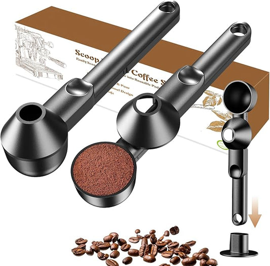 Coffee Scoop with Funnel for Ground Coffee, Protein Powder & Tea, for Reusable K Cup Refiller, 2TBSP Mess-Free, Funnel Design Prevents Spills (Black, 2-Pack)