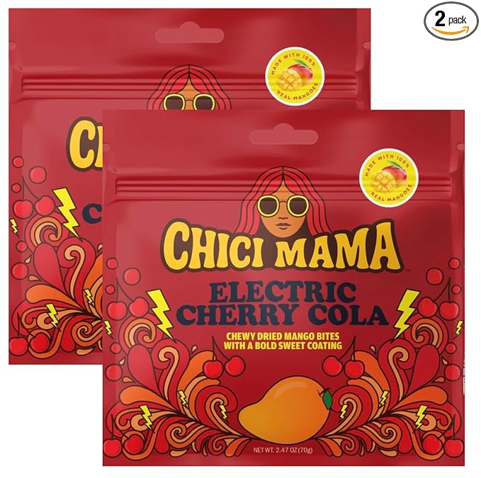 Chici Mama Electric Cherry Cola Mango Bites – Made with Real Mango | Chewy, Juicy Candy-Alternative Treat | No Artificial Colors, Flavors, or Sweeteners | Gluten-Free, Naturally Vegan & Allergy-Conscious | 2 Pack - 70g
