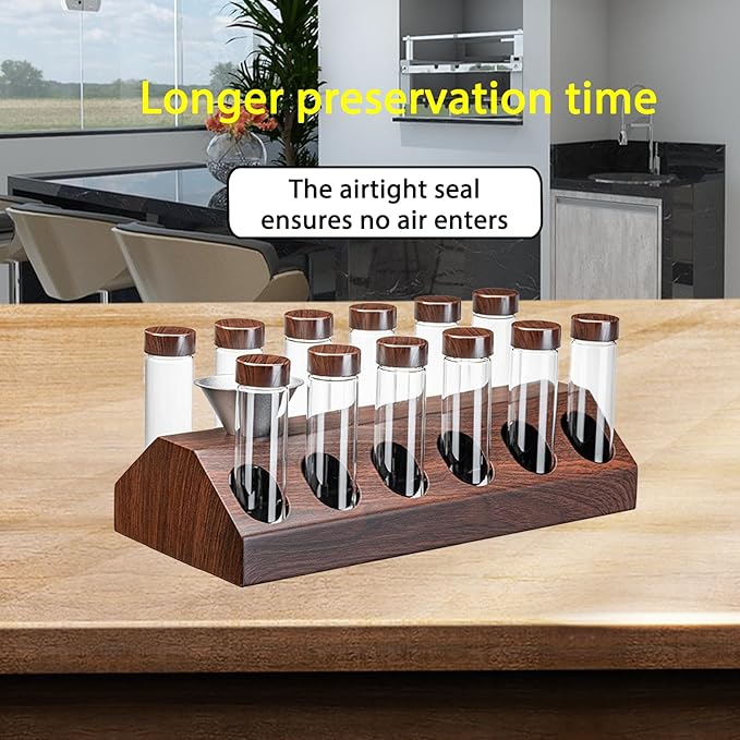 12-Piece Vacuum Coffee Canister Set with Wooden Holder & Funnel – Airtight Glass Jars for Coffee Beans, Tea, Snacks (Walnut Wood Stand)