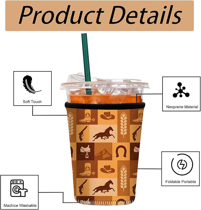 Neoprene Iced Coffee Sleeve 3 Pack, Reusable Insulated Coffee Cup Sleeves with Western Cowboy Pattern, Fits 16–32 oz Tumblers, Compatible with Starbucks & Dunkin
