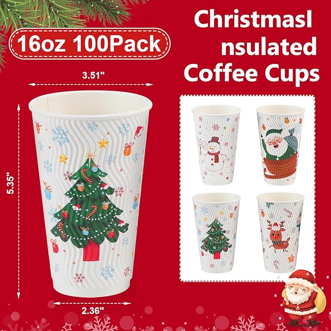 BYSNOW 100 Count Christmas Paper Cups, Xmas 16 oz DisposableCoffee Cups Snowflake Santa Snowman Elk Christmas(16oz 100Count)
