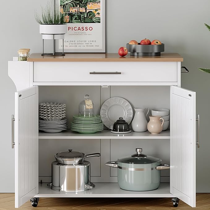 Kitchen Island with Storage, Wooden Rolling Kitchen Island On Wheels with Wood Top, Mobile Kitchen Bar Cart Cabinet with Towel Rack, Spice Rack and Drawers, White