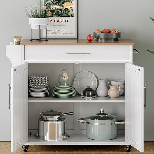Kitchen Island with Storage, Wooden Rolling Kitchen Island On Wheels with Wood Top, Mobile Kitchen Bar Cart Cabinet with Towel Rack, Spice Rack and Drawers, White
