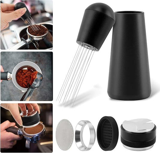 51mm Espresso Accessories Kit, 2-in-1 Coffee Distributor & Tamper Leveler with Magnetic Dosing Funnel and WDT Tool for 51mm Portafilter, 5-Piece Barista Tool Set