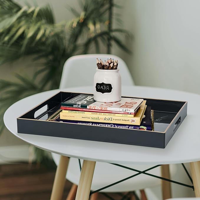 Serving Tray, Marble Plastic Food Trays for Eating on Lap Decor Coffee Tray with Handles Rectangular Non-Slip Candle Plate, 15.7"x11.8"x1.6" Large Drinks Platter for Kitchen/Living Room/Bedroom