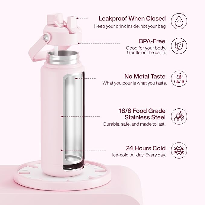 ENCOOL Insulated Water Bottle with Straw Stainless Steel Water Bottle, Leak-Proof, BPA-Free, Double Wall Vacuum Keeps Cold for 24 Hours for Sports, Travel, School (32 oz, Cotton Candy)