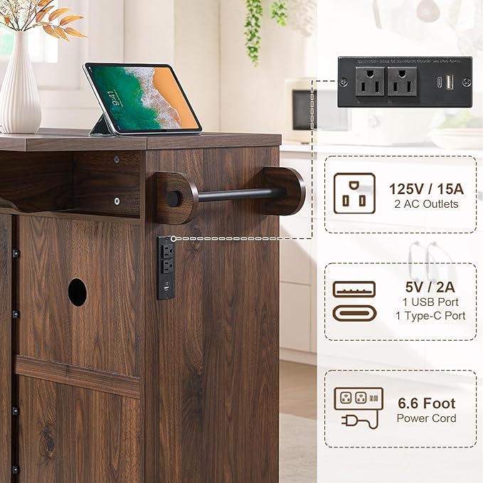 57" Kitchen Island with Storage — Kitchen Rolling Island with Trash Can Storage Cabinet, Power Outlet & Drop Leaf, Large Mobile Island Cart on Wheels with Spice & Towel Rack, Knife Holder (Walnut)