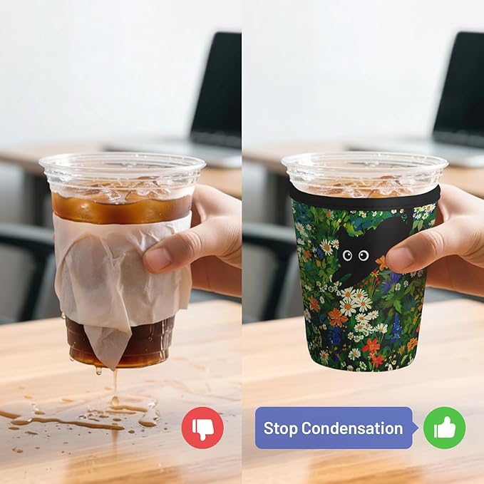 Iced Coffee Sleeve Reusable Cup Sleeves for Cold Drinks Neoprene Koozie Cozy Plastic Cup Covers for Drinks, Cat Garden